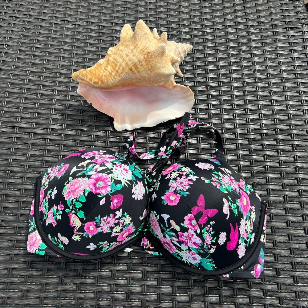 New no tag Victoria's Secret Bikini Top Black w/ flowers and butterflies 38 D
